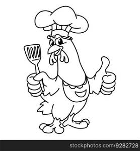 Funny hen chef cartoon characters vector illustration. For kids coloring book.