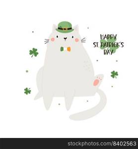 Funny holiday design for St. Patricks Day with a cat in a hat. Vector illustration for traditional Irish holiday. Funny holiday design for St. Patricks Day with a cat in a hat. Vector illustration for Irish holiday