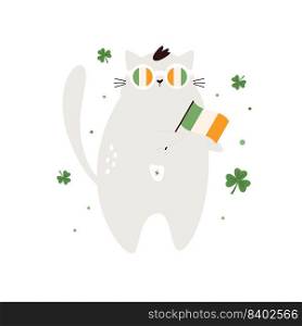 Funny holiday design for St. Patricks Day with a cat in sunglasses with flag of Ireland. Vector illustration for traditional Irish holiday. Funny holiday design for St. Patricks Day with a cat in sunglasses with flag of Ireland.