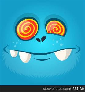 Funny Hypnotized Cartoon Monster Face. Vector Halloween blue scary monster illustration