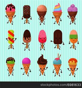 Funny ice cream vector characters with happy smiling faces. Ice-cream with face character, illustration of food dessert icecream. Funny ice cream vector characters with happy smiling faces