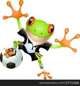 Funny illustration of frog in football uniform with ball drawn in cartoon style