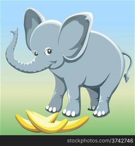 Funny illustration with smiling baby elephant and bananas drawn in cartoon style