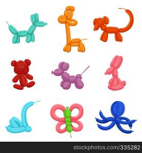Funny inflatable animals from colored balloons. Vector illustrations in cartoon style. Inflatable toy with helium, bear and butterfly, octopus and rabbit. Funny inflatable animals from colored balloons. Vector illustrations in cartoon style