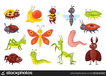 Funny insects. Cute little cartoon bugs set. Vector fun wildlife isolated sketch with ant and butterfly illustration creative pictures. Funny insects. Cute little cartoon bugs set. Vector fun wildlife isolated sketch with ant and butterfly