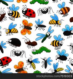 Funny insects seamless pattern background with cartoon bee, butterfly, bug, fly, caterpillar, dragonfly, mosquito, ladybug, wasp, ant spider and bumblebee characters. Funny insects cartoon characters seamless pattern