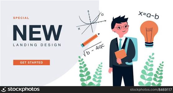 Funny intelligent schoolboy with glasses and math equations. Genius boy studying in school flat vector illustration. Mathematics, study, science concept for banner, website design or landing web page