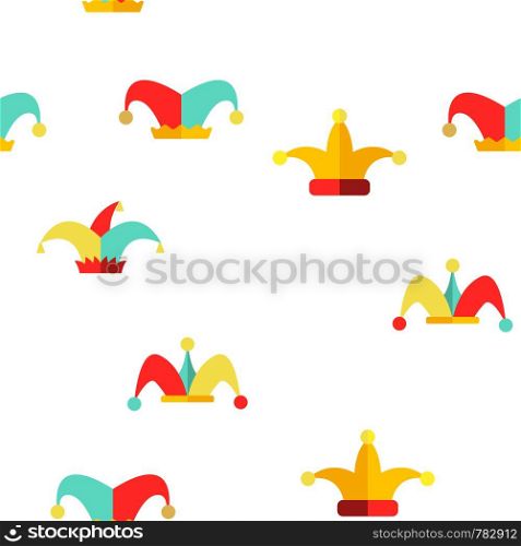 Funny Jester Hat Linear Vector Icons Seamless Pattern. Jester, Clown Caps with Bells Thin Line Contour Symbols Pack. Harlequin Costume Pictograms Collection. Circus, Medieval Carnival Illustrations. Funny Jester Hat Linear Vector Seamless Pattern