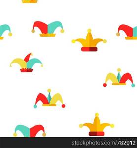 Funny Jester Hat Linear Vector Icons Seamless Pattern. Jester, Clown Caps with Bells Thin Line Contour Symbols Pack. Harlequin Costume Pictograms Collection. Circus, Medieval Carnival Illustrations. Funny Jester Hat Linear Vector Seamless Pattern