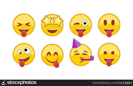 Funny, joyful, kind emoji icon set. Smiley, emoticons. Facial expression on isolated white background. EPS 10 vector.. Funny, joyful, kind emoji icon set. Smiley, emoticons. Facial expression on isolated white background. EPS 10 vector