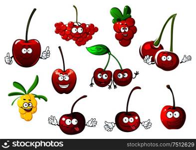 Funny juicy cartoon sweet cherry, rowanberry, cowberry and sea buckthorn fruit characters with green leaves and stems, isolated on white background. Cherry, rowanberry, cowberry and sea buckthorn