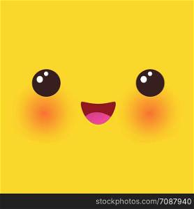 Funny kawaii face with shy smile and pink cheeks, yellow happy smile icon. Vector cheerful emoticon.