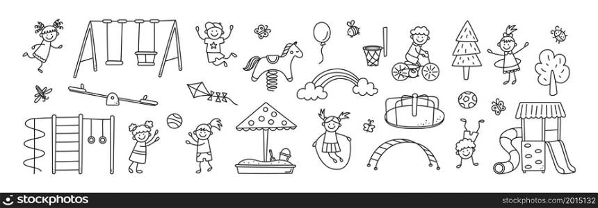 Funny kids and children playground. Swing, slide, teeter and sandbox in doodle style. Kid drawing of play ground elements. Hand drawn vector illustration on white background. Editable stroke.. Funny kids and children playground. Swing, slide, teeter and sandbox in doodle style. Kid drawing of play ground elements. Hand drawn vector illustration on white background. Editable stroke