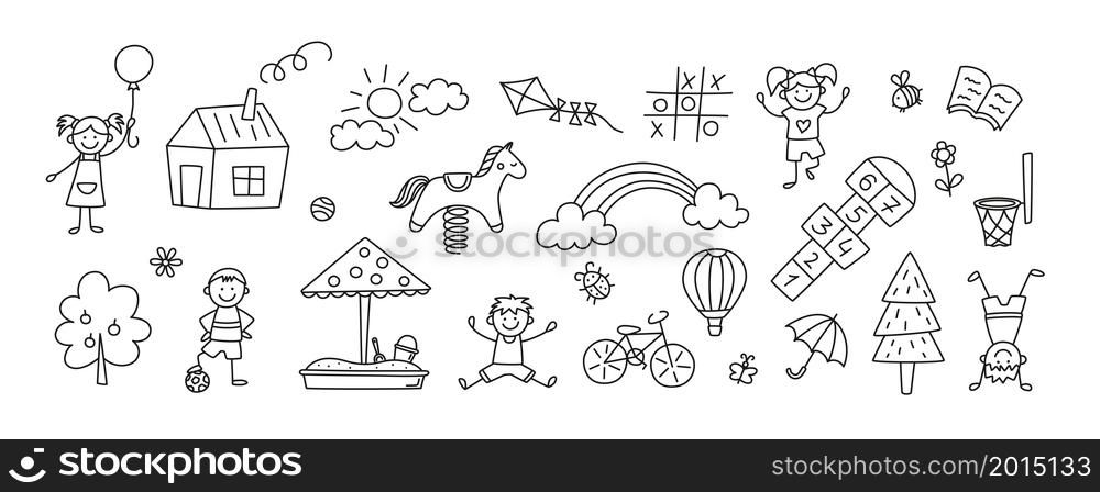 Funny kids and children playground. Swing, slide, teeter and sandbox in doodle style. Kid drawing of house, rainbow,tree. Hand drawn vector illustration on white background. Editable stroke.. Funny kids and children playground. Swing, slide, teeter and sandbox in doodle style. Kid drawing of house, rainbow,tree. Hand drawn vector illustration on white background. Editable stroke