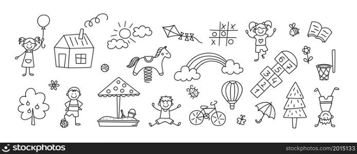Funny kids and children playground. Swing, slide, teeter and sandbox in doodle style. Kid drawing of house, rainbow,tree. Hand drawn vector illustration on white background. Editable stroke.. Funny kids and children playground. Swing, slide, teeter and sandbox in doodle style. Kid drawing of house, rainbow,tree. Hand drawn vector illustration on white background. Editable stroke