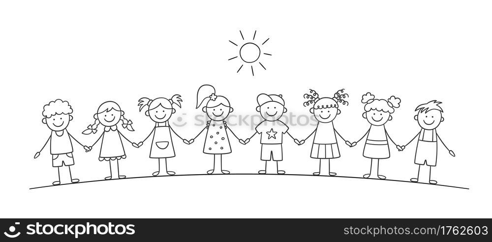 Funny kids holding hands. Happy doodle children. Friendship concept. Vector illustration in hand drawn style on white background. Funny kids holding hands. Happy doodle children. Friendship concept. Vector illustration in hand drawn style