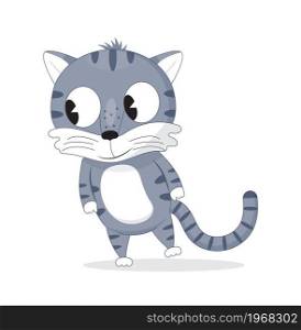 Funny kitten vector. Cute cartoon grey cat. Fluffy, puffy domestic pet character.