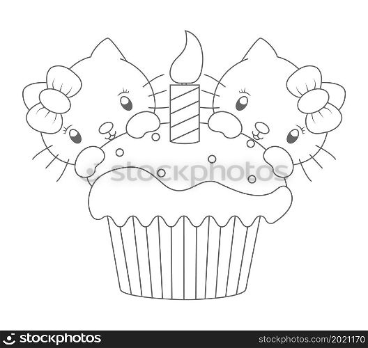 Funny kittens and muffin. An empty outline for coloring books, scrapbooking, child development, creative design and congratulations. Linear style.