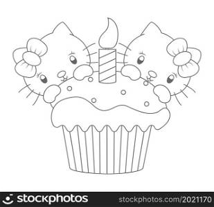 Funny kittens and muffin. An empty outline for coloring books, scrapbooking, child development, creative design and congratulations. Linear style.