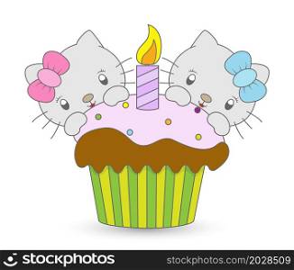 Funny kittens and muffin. Color filled contour for children&rsquo;s development, creative design and congratulations. Linear style.