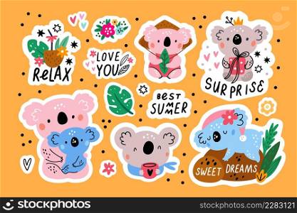 Funny koala stickers. Cute little bears. Australian fauna characters. Comic fluffy wild marsupial animals. Tropical plants. Flowers and summer elements with text. Vector cartoon adorable mammals set. Funny koala stickers. Cute little bears. Australian fauna characters. Comic fluffy wild marsupial animals. Tropical flowers and summer elements with text. Vector adorable mammals set