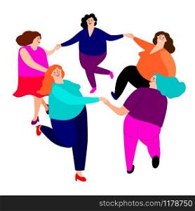 Funny ladies dance. Cute happy cartoon overweight women friends characters dancing in circle vector illustration in bright colors. Funny ladies dance