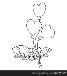 Funny ladybug. Small insect with balloons. Vector illustration. Outline drawing. doodle ladybird character for childrens collection, coloring, design, decor, postcard, printing