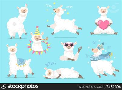 Funny lama in different poses flat item set. Cartoon cute llama or alpaca character sleeping, running, standing isolated vector illustration collection. Animals and graphic design concept