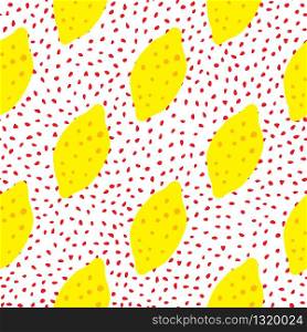 Funny lemon seamless pattern on dots background. Hand drawn citrus fruits wallpaper. Modern design for fabric, textile print, wrapping paper, kitchen textiles. Vector illustration. Funny lemon with leaf seamless pattern on dots background. Hand drawn citrus fruits wallpaper.