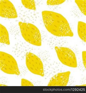 Funny lemon seamless pattern on white background. Hand drawn citrus fruits. Design for fabric, textile print, wrapping paper, kitchen textiles. Modern design. Vector illustration. Funny lemon seamless pattern on white background. Hand drawn citrus fruits.