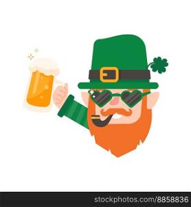 Funny leprechaun cartoon celebrating by drinking beer on Saint Patrick&rsquo;s Day.