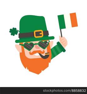 Funny leprechaun cartoon celebrating by drinking beer on Saint Patrick’s Day.
