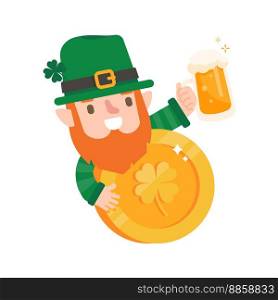Funny leprechaun cartoon celebrating by drinking beer on Saint Patrick’s Day.