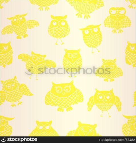 Funny light yellow ornate owl seamless vector pattern