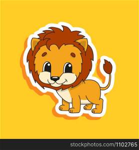 Funny lion. Bright color sticker of a cute cartoon character. Flat vector illustration isolated on color background. Design element.
