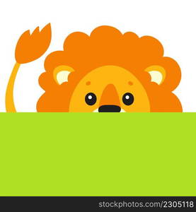 Funny lion. Cute cartoon character holding white blank poster. With place for text. Colored vector illustration.