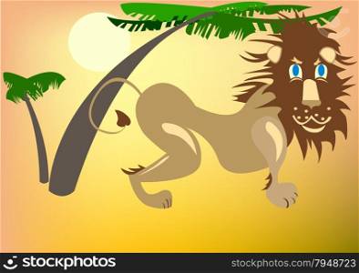 Funny lion hunting under a palm tree