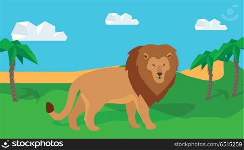 Funny Lion in Savanna. Funny lion in savanna. Lion king illustration. Lion walking on grass on savannah landscape. Animal adorable lion vector character. Natural landscape with desert and palm trees. Wildlife character