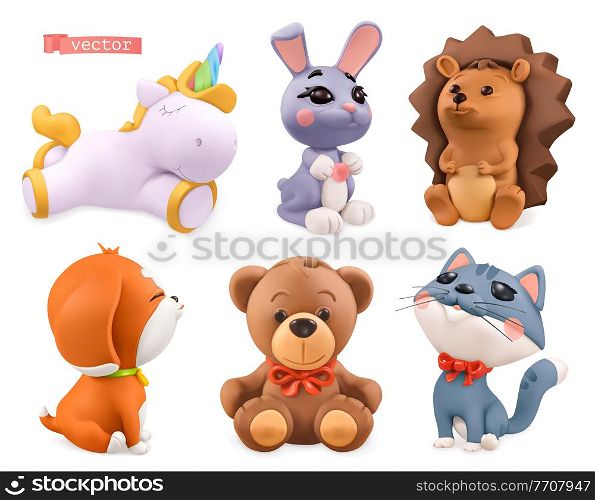 Funny little animals. Unicorn, bunny, hedgehog, dog, bear, cat. 3d vector icon set