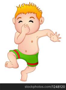 Funny little boy in swimsuit holding his nose