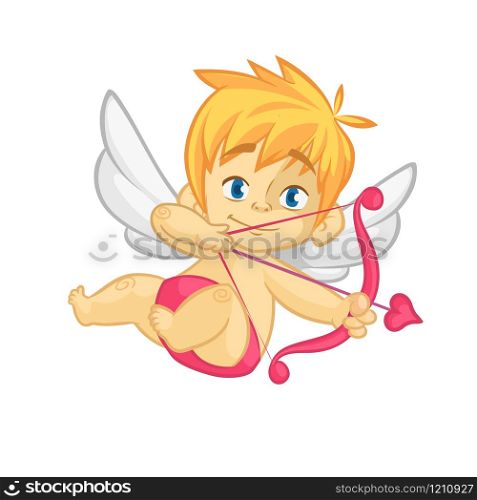 Funny little cupid aiming at someone. Illustration of a Valentine&rsquo;s Day. Vector. Isolated on white background