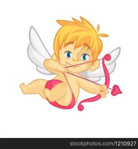 Funny little cupid aiming at someone. Illustration of a Valentine&rsquo;s Day. Vector. Isolated on white background