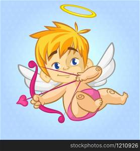 Funny little Cupid aiming at someone with an arrow of love. Cartoon illustration of a Valentine&rsquo;s Day. Vector. Isolated on blue background
