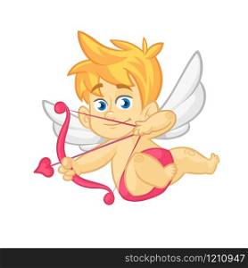 Funny little Cupid aiming at someone with an arrow of love. Cartoon illustration of a Valentine&rsquo;s Day. Vector. Isolated on white background