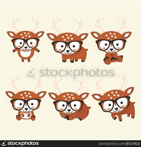 Funny little deer set in different poses. Collection isolated deer in cartoon style. . Funny little deer set in different poses. 