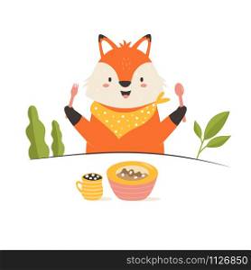 Funny little fox having a breakfast. Vector illustration. Animal character design. Baby print isolated on white background. Funny fox having a breakfast. Vector illustration.