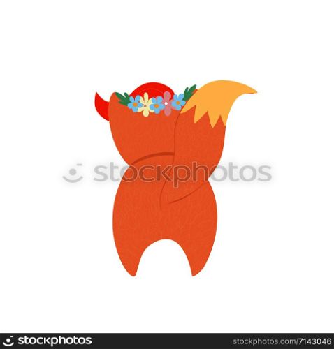 Funny little fox in flower wreath back side. Cute fox rear view isolated on white background. Character for kids baby design. Cartoon flat hand drawn illustration, scandinavian boho clip art. Cute fox rear view isolated on white background