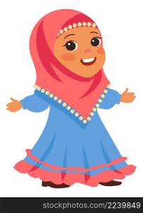 Funny little girl in islamic hijab Muslim kid character isolated on white background. Funny little girl in islamic hijab Muslim kid character