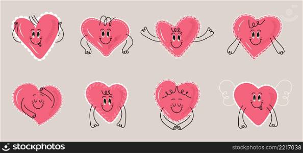 Funny little hearts vector set in doodle syle. Openwork, fabric hearts with hands and faces. Bohemian pink paper valentine. Valentine day icons.. Funny little hearts vector set in doodle syle. Openwork, fabric hearts with hands and faces.