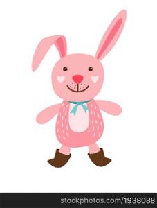 Funny little pink rabbit with blue ribbon